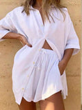 Oversize Summer Cotton Linen Shorts Set for Women Half Sleeve Elastic Waist Drawstring Blue Matching Set Casual Outfit