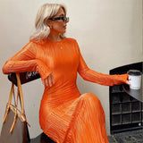 Women Fashion Long Sleeve Streetwear Bodycon Orange Midi Dress  Autumn Clothes Wholesale Items For Business