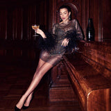 Woloong Fashion Sexy Feather Patchwork Long Sleeve Mesh Dress Women Autumn See-through Bodycon Package Hip Party Night Club Dresses