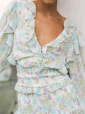 Romantic Full Lantern Sleeve Flower Print Mini Dress Woman Spliced Wood ears Ruffles Hem Elastic Package Hips Holiday Robe