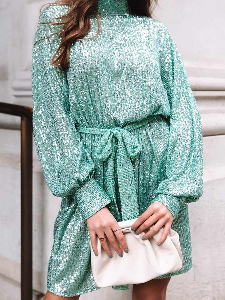 Sequins Women Lace Up Dress Green Turtleneck Long Sleeeve Midi Female Dresses  Autumn Winter Ruffle Party Club Lady