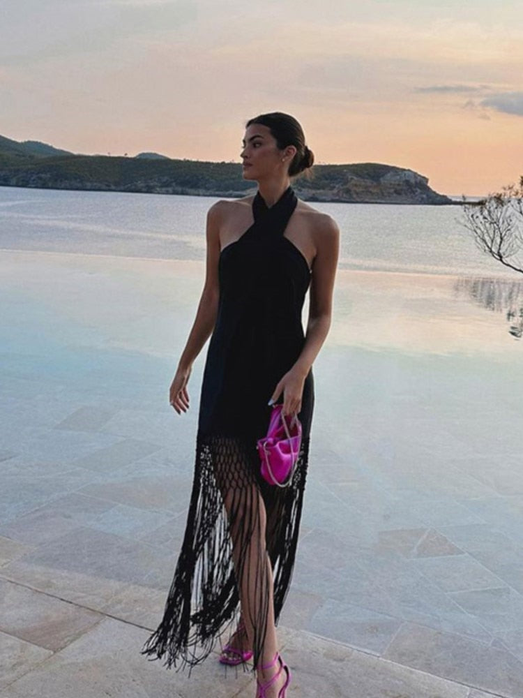 Elegant Cross Hanging Neck Women's Dress Fashion Sleeveless Backless Tassel Long Dresses Summer Female Party Club Vestidos