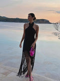 Elegant Cross Hanging Neck Women's Dress Fashion Sleeveless Backless Tassel Long Dresses Summer Female Party Club Vestidos