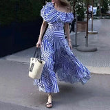 Women Two Piece Set Summer Casual Chic Short Sleeve Off Shoulder Nipped Waist Top Striped Printed Loose Skirt Sets