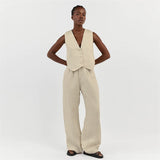 Summer White Linen Two Piece Set For Women Fashion Sleeveless Tank Top Waistcoat Matching High Waist Wide Pants Set