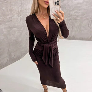 Sexy Deep V Strap Bandage Slim Long Dress Autumn Elegant Temperament Evening Party Dresses Velvet Drape Solid Sheath Women Dress