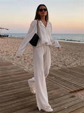 Women Pleated 2 Piece Pants Sets Spring Summer Streetwear Long Sleeve Button Down Shirt+Straight-Leg Pants Loose Outfits