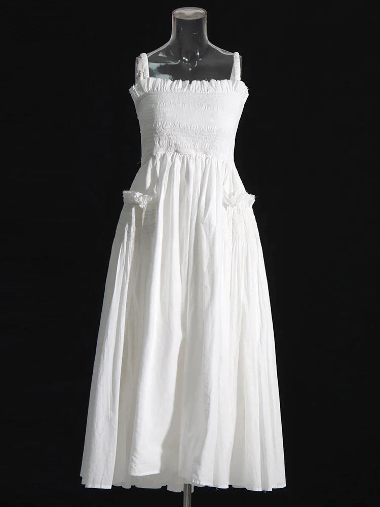 Elegant Ruffle Dress For Women Spaghetti Strap Hollow Out Backless High Waist Puff Dresses Female