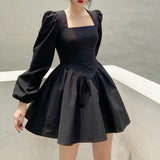 Woloong  New Fashion Elegant Puff Long Sleeve Black Dress Women Corset Summer Clothes Goth Sexy Party Club Outfits Mini Pleated Skirt Y2k