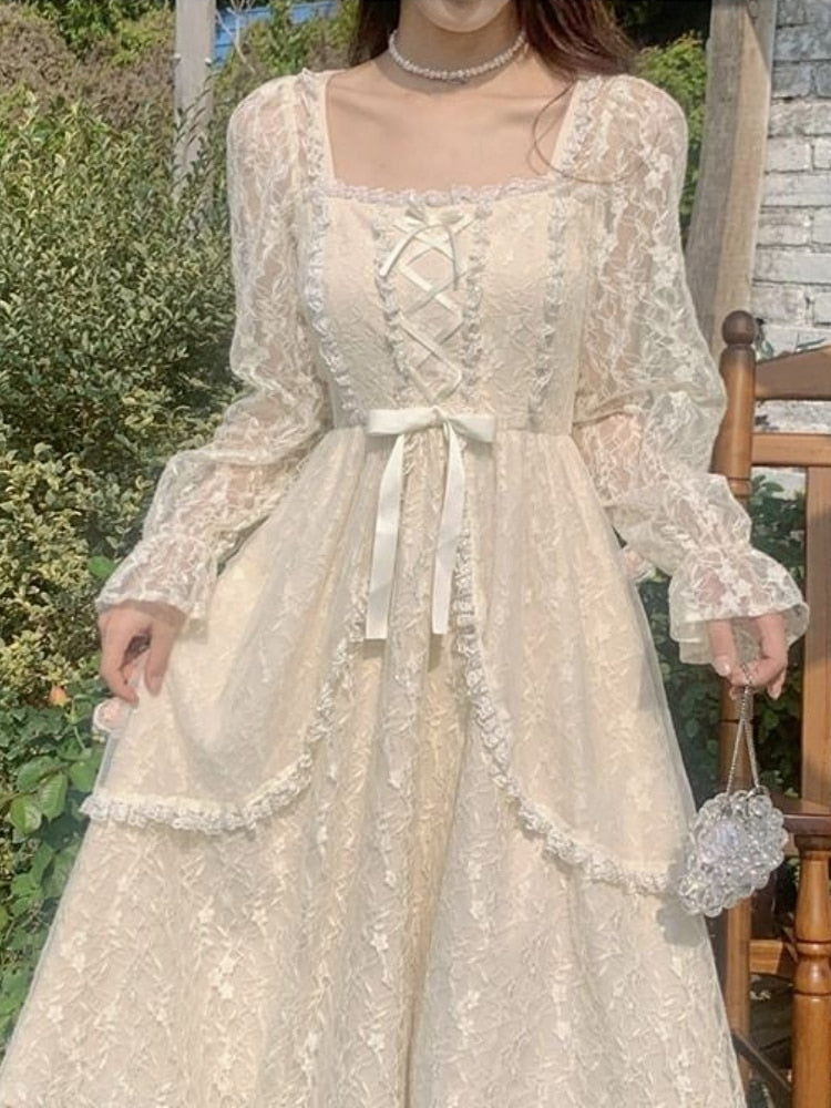 French Vintage Dress Women Summer Long Sleeve Elegant Party Midi Dress Female Casual Retro One Piece Dress Korean Casual