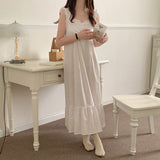White Korean Summer Nightgown Women Sleeveless Square Collar Long Sleepwear Lace Crochet French Night Dress Elegant Sweet