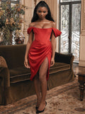 Summer Solid Color Dress Diagonal Shoulder Suspenders Sexy Red Dress Slit Fishbone One Word Collar Women'S Clothing Dresses