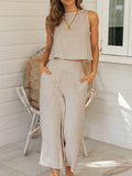 Fashion 2 Pcs Outfits Sleeveless Summer Crop Top Pants Suit Solid Ankle-length Pants Casual Beach Set Back Button Pocket