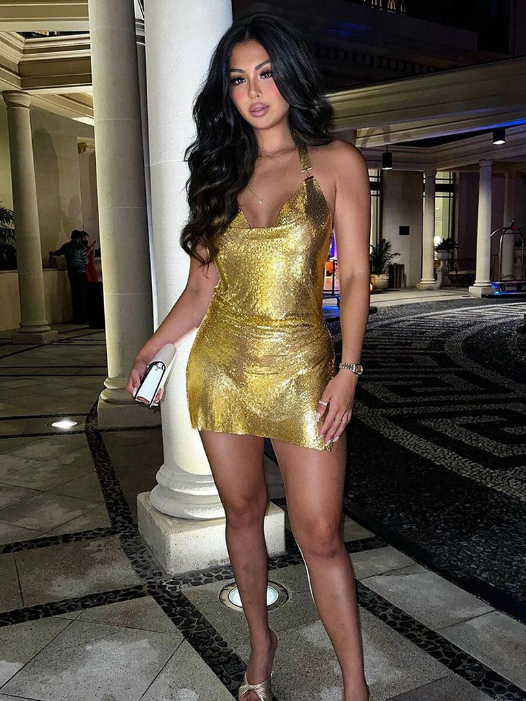 Shiny Luxury Sequined Low Cut Halter Mini Dress Backless Patchwork Split Sleeveless Hollow Out Party Sexy Women Solid Dresses