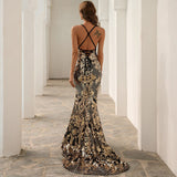 Sexy Dress Suspender Temperament Summer Sleeveless  Birthday  Ball  Split  Evening Dress Gold Sequined Fishtail Dresses