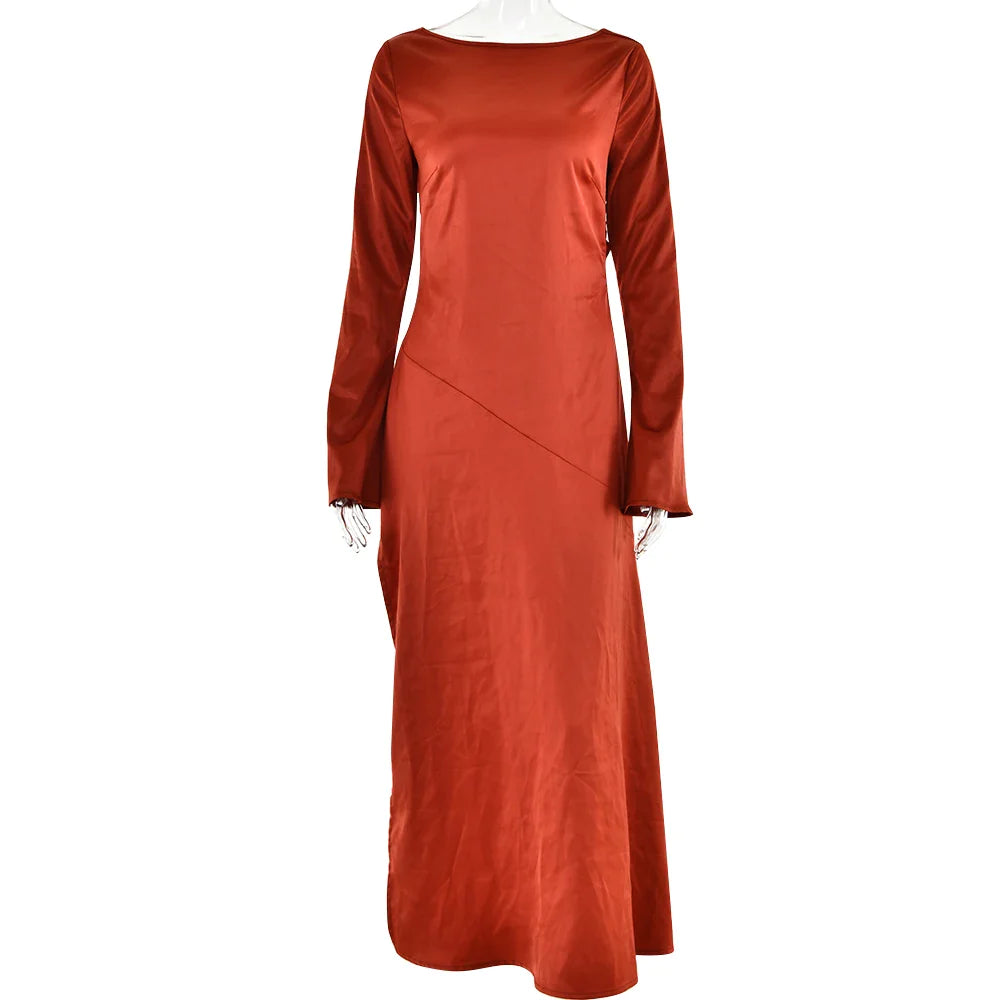 Elegant Women's Autumn Evening Dress Backless Long Sleeve Solid Satin Split Maxi Dress Femme Chic Slim Party Dresses