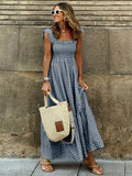 Ruffles Gingham Printed Women Casual Maxi Tank Sundress Smocked Khaki Plaid Fashion A-line Long Summer Dress Blue