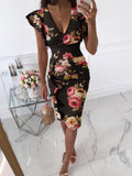 Sexy V-Neck Slim Office Lady Dress Ruffle Short Sleeve Bodycon Knee-length Dresses For Women Casual Summer Woman Work Dress