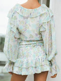 Romantic Full Lantern Sleeve Flower Print Mini Dress Woman Spliced Wood ears Ruffles Hem Elastic Package Hips Holiday Robe