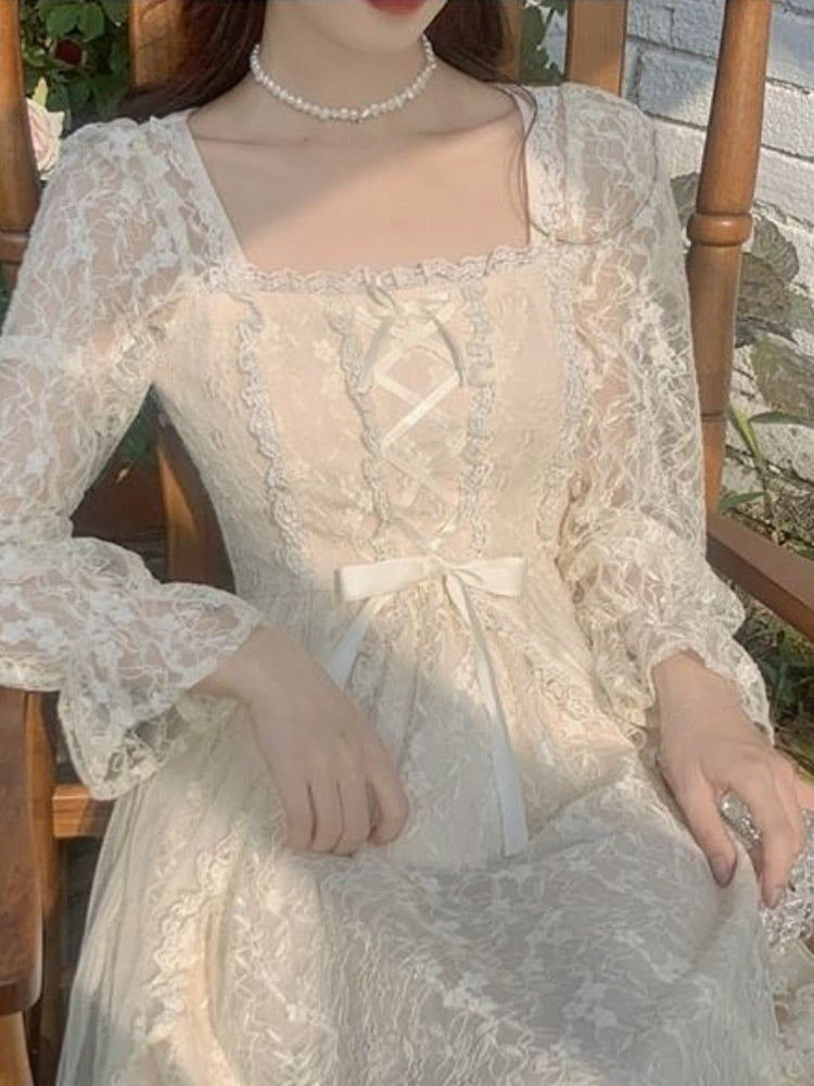 French Vintage Dress Women Summer Long Sleeve Elegant Party Midi Dress Female Casual Retro One Piece Dress Korean Casual