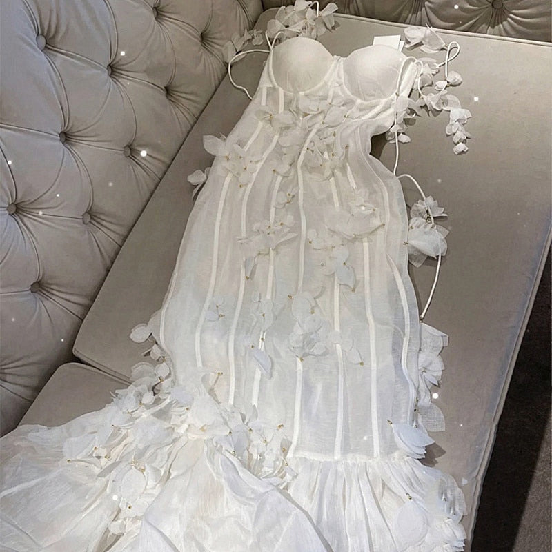 Party Dresses White Pretty Elegant Mermaid Prom Spaghetti Strap Sleeveless 3D Flowers With Chest Pad Appliques Women Dress Made
