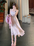 Summer Party Midi Elegant Dress Women Strap Sexy Design High Wasit Vintage Casual Dress Sleeveless Chiffon Sweet Dress
