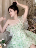 woloong  French Ruffled Dress Sweet Off Shoulder Women's Summer Sleeveless Short Floral Dress Party High Waist A-line Fairy Dress Vestido