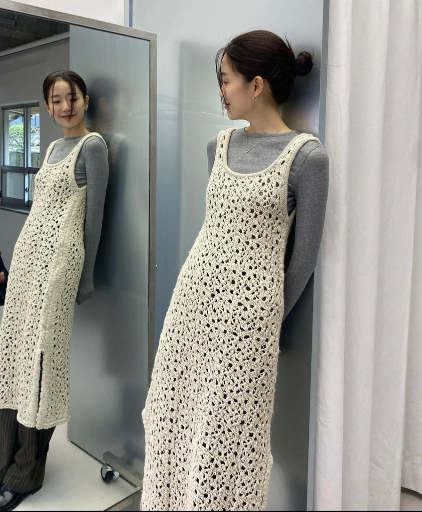 Korobov Korean Fashion Niche Design Dress Autumn Winter Temperament Sleeveless Dresses Irregular Hollow Out Knitwear Long Skirts