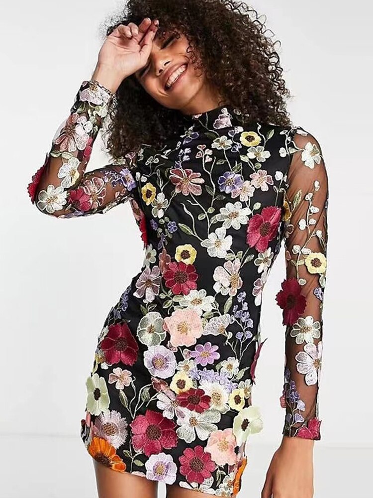 Flower Embroidery Women's Dress Sexy Hip Package Long Sleeve Bodycon Female Dresses  Spring Summer Elegant Mini Vestidos