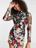 Flower Embroidery Women's Dress Sexy Hip Package Long Sleeve Bodycon Female Dresses  Spring Summer Elegant Mini Vestidos