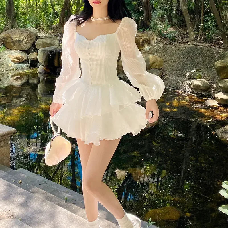 Korean Style Sweet Party Mini Dress Women Green Chiffon France Elegant Dress Female Bubble Sleeve White Casual Fairy Dress
