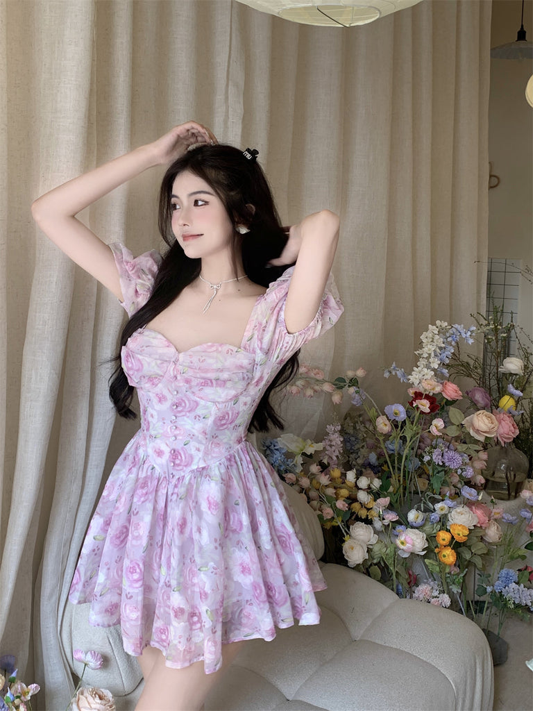 woloong Retro Chic Floral Dress Women's Summer Square Collar Dresses High Waist Short Sleeved A-line Party Slim Mini Dress Vestidos