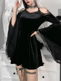 Goth Sexy Flare Sleeve Black Dress Y2K Harajuku High Waist A Line Mini Dresses Off Shoulder Punk Halloween Autumn Dress