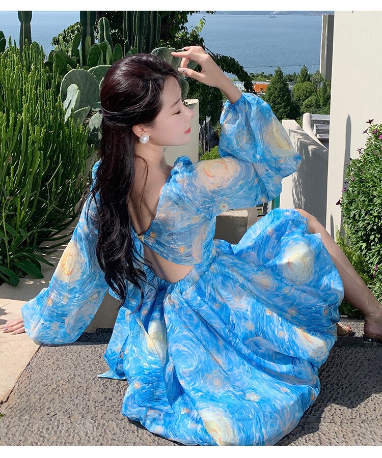Oil Painting Print Dress Women French Chic Puff Sleeve V-neck Backless Tutu Skirt Summer Seaside Vacation Beach Dress