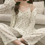 Woloong Pajama Three Piece Set Print Camisole Cardigan with Chest Pad Trousers Homewear Women's Spring Summer Mori Girl Style