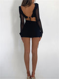 Black Bodycon Dress Spring Summer Sexy Mesh Long Sleeves Ruffles Deep V Tie-Up Short Dress Women Party Streetwear