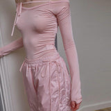 Elegant Women's Spring Autumn Slim Crop Tops Solid Color Long Sleeve Off Shoulder Bandage T-shirt Vintage Harajuku Tee Top