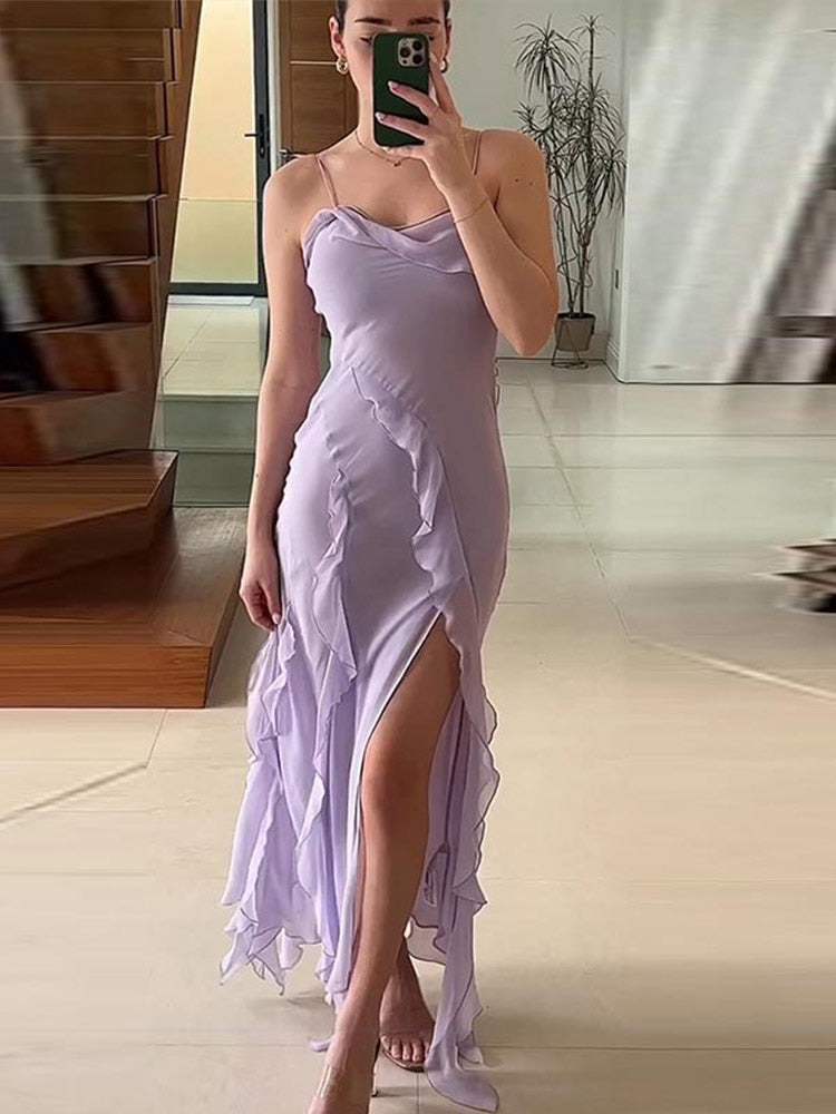 Backless Sleeveless Ruffles Tassels Sling Dress Purple A-line Side Split Irregular Long Dresses Summer Casual Beach