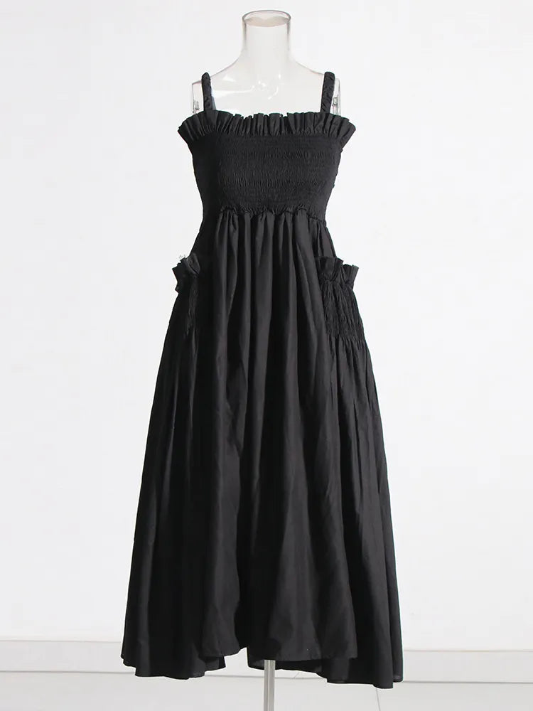 Elegant Ruffle Dress For Women Spaghetti Strap Hollow Out Backless High Waist Puff Dresses Female