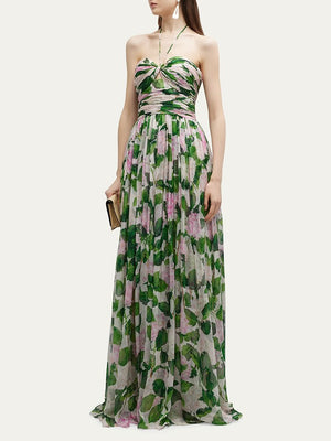 Casual Long Dress For Women Halter Sleeveless High Waist Hit Color Patchwork Print Slim Dresses Female Summer Clothing Style