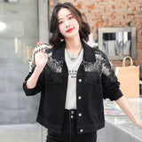 Woloong Chic Diamond-studded Denim Jacket Loose Lace Mesh Stitching Sequined Bomber Jeans Coat Hollow Beaded Cardigan Thin Tops Chaqueta