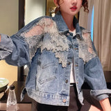 Woloong Chic Diamond-studded Denim Jacket Loose Lace Mesh Stitching Sequined Bomber Jeans Coat Hollow Beaded Cardigan Thin Tops Chaqueta