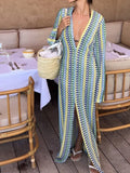 Patchwork Deep V-neck Women's Knit Dress Casual Full Flare Sleeve Crocheted Slit Long Dresses Female Autumn Party Vestidos