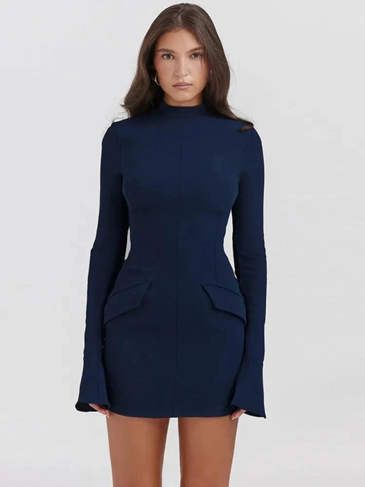 Women Elegant Dark Blue Commuting Mini Dress  Autumn Sexy Pocket Long Sleeve Bodycon Dresses Lady Chic Party Club Robe