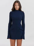 Women Elegant Dark Blue Commuting Mini Dress  Autumn Sexy Pocket Long Sleeve Bodycon Dresses Lady Chic Party Club Robe