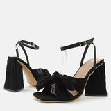 Size 44 45 46 Fashion Pleated Butterfly-Knot Womens Sandals Gladiator Peep Toe Buckle Strap Triangle High Heels Dress Shoe