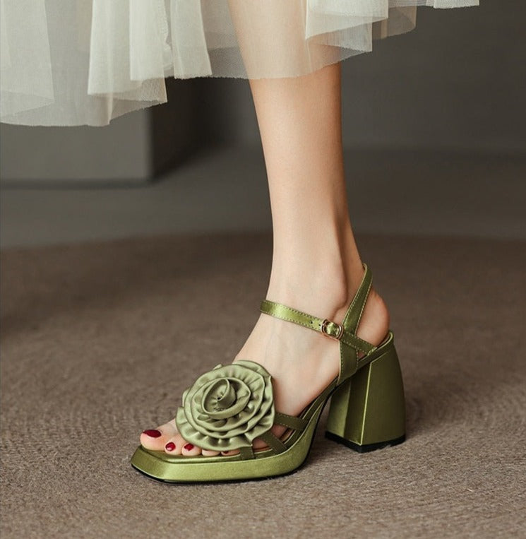 woloong Woman Shoes New Summer Fashion Chunky High Heels Platform Black Green Sweet Flower Dress Party Female Sandals