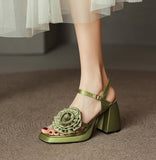 woloong Woman Shoes New Summer Fashion Chunky High Heels Platform Black Green Sweet Flower Dress Party Female Sandals