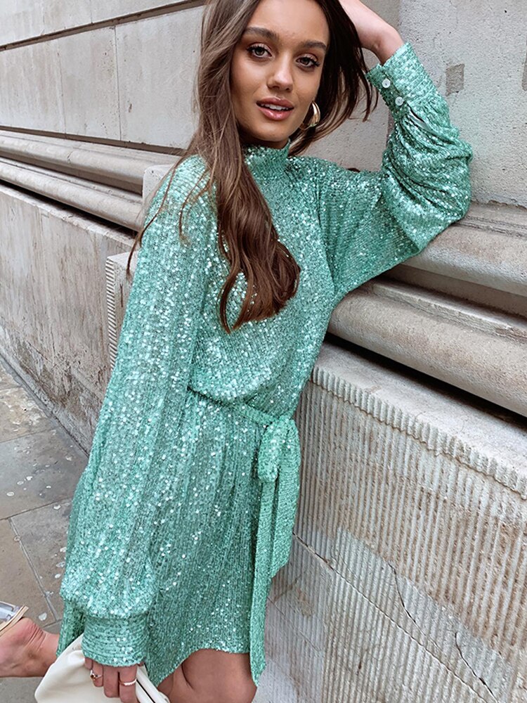 Sequins Women Lace Up Dress Green Turtleneck Long Sleeeve Midi Female Dresses  Autumn Winter Ruffle Party Club Lady