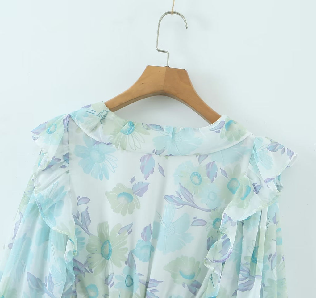 Romantic Full Lantern Sleeve Flower Print Mini Dress Woman Spliced Wood ears Ruffles Hem Elastic Package Hips Holiday Robe